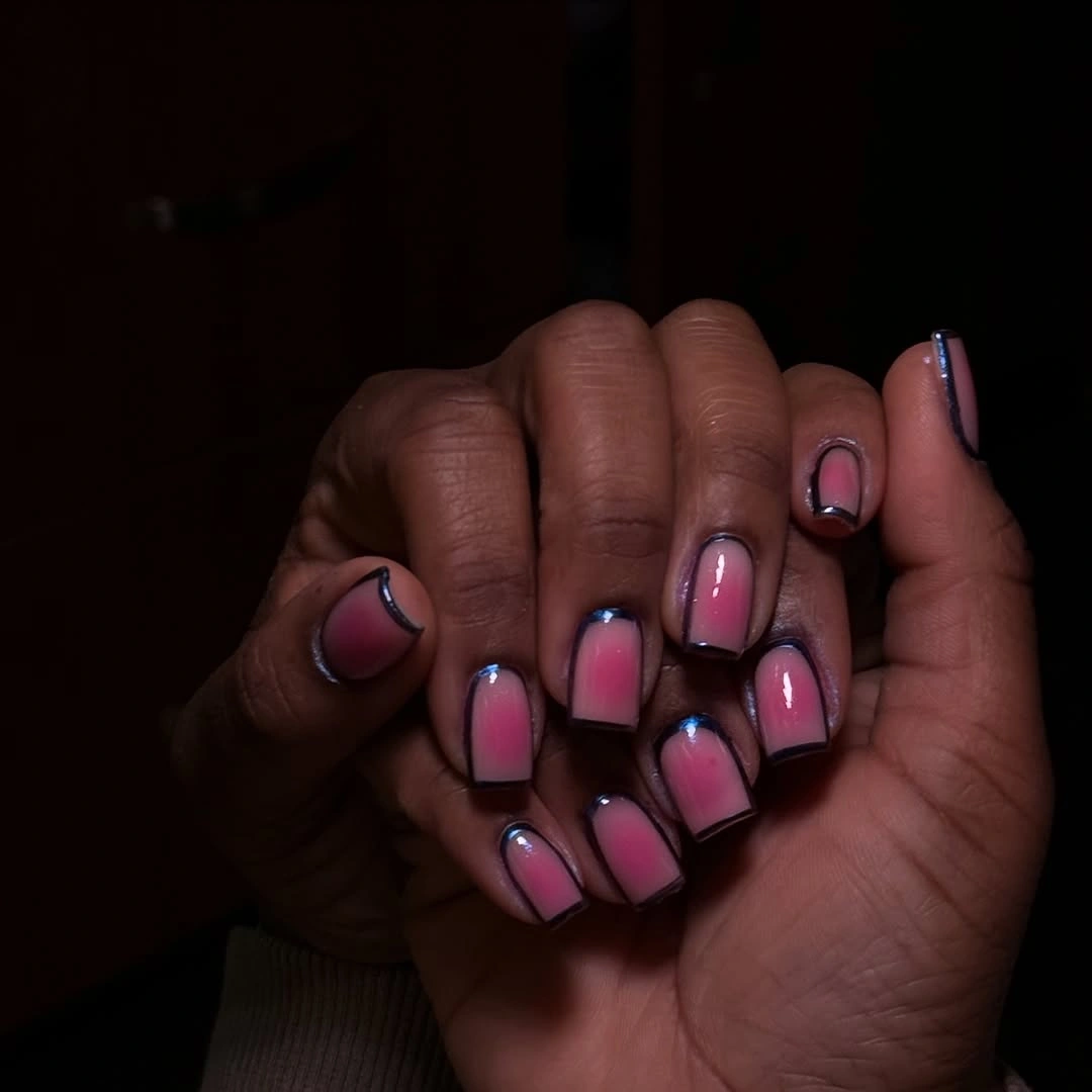 chic fall mid length nails 2026 Pink Aura Square Nails with Chrome Outline