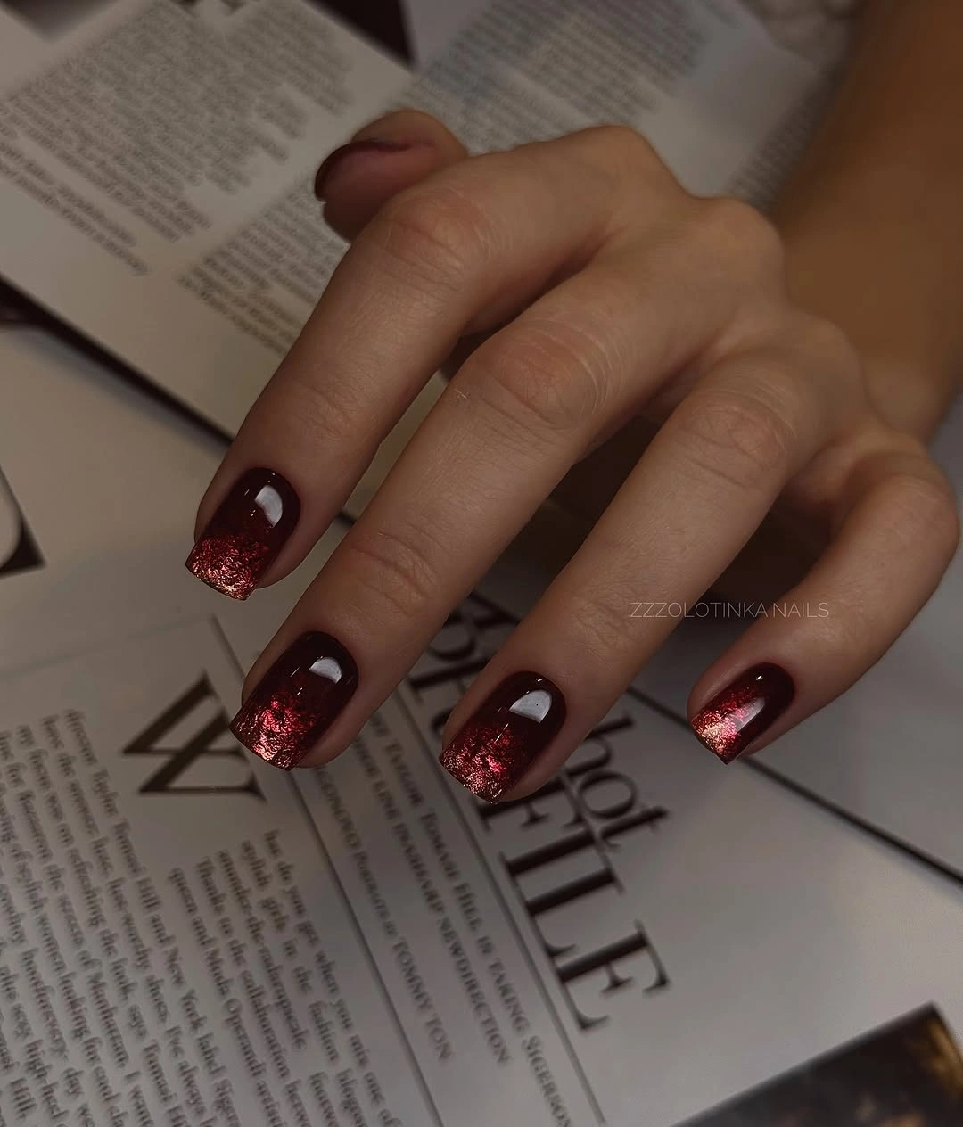 chic fall mid length nails 2026 Deep Burgundy Glitter Fade Square Nails