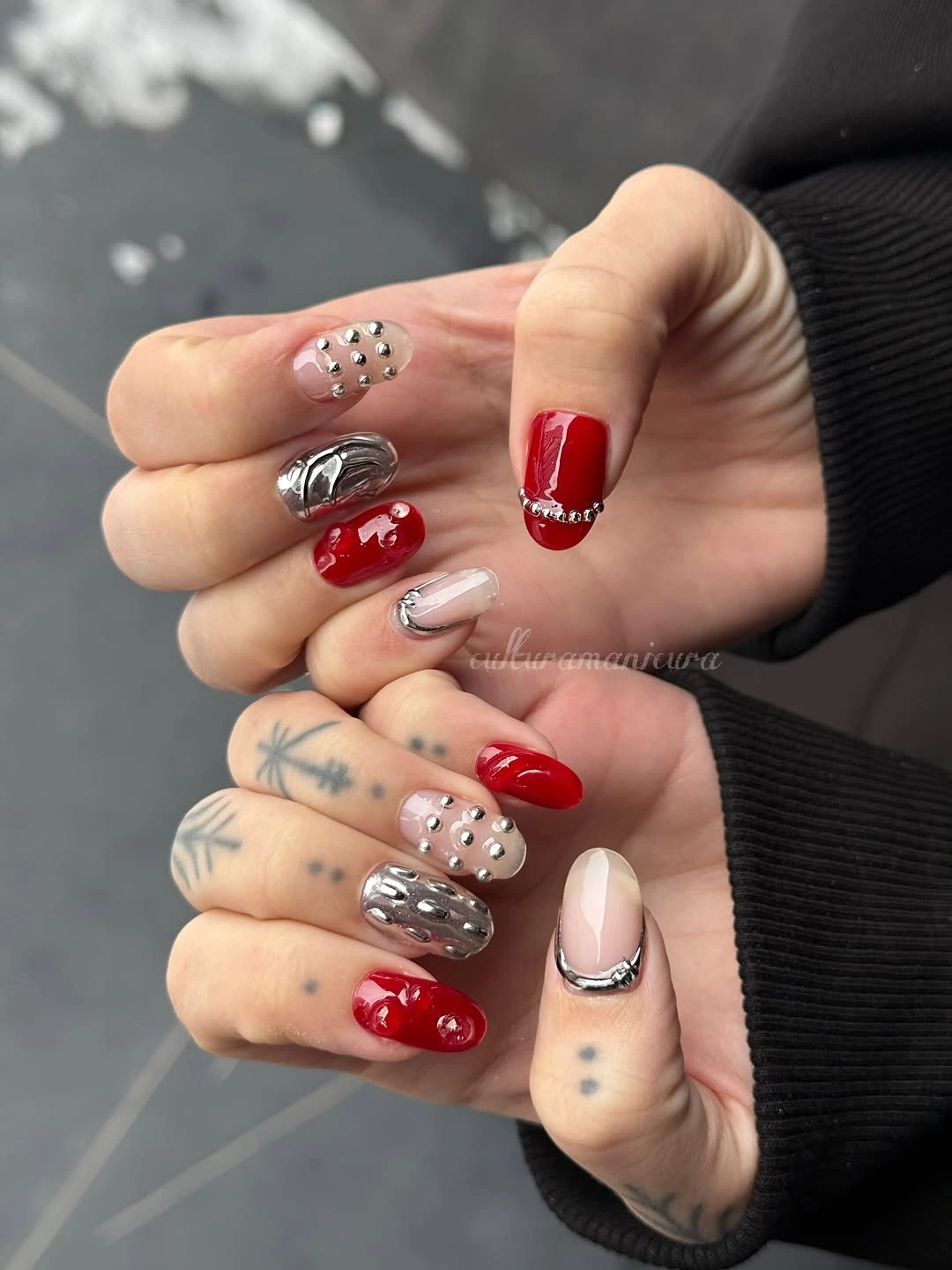 chic fall mid length nails 2026 Bold Cherry Red Nails With Polished Chrome Details