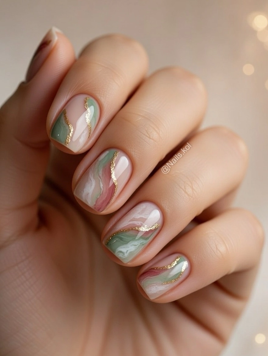 chic fall mid length nails 2026 Soft Sage Marble With Gold Waves