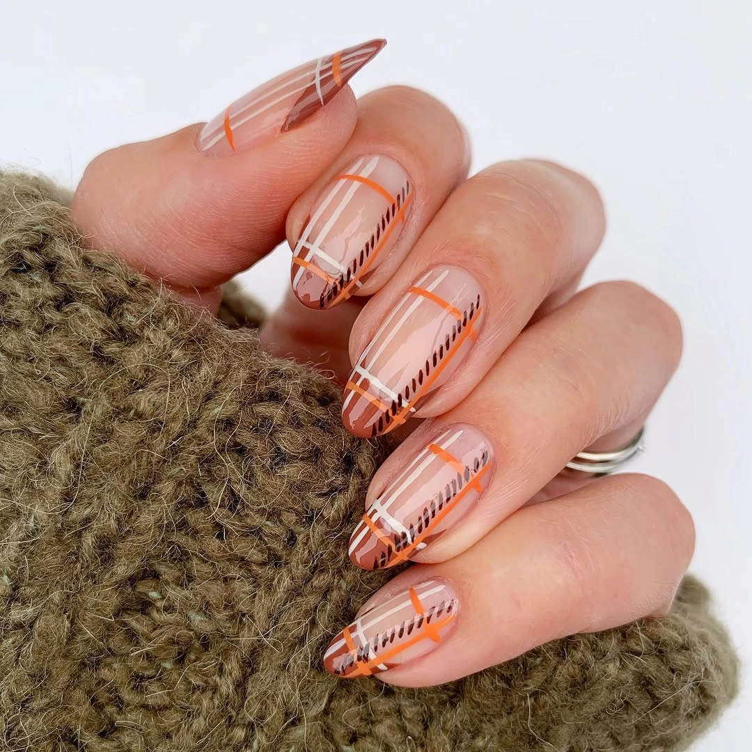chic fall nail trends 2026 Minimal Plaid Nails With Warm Autumn Lines