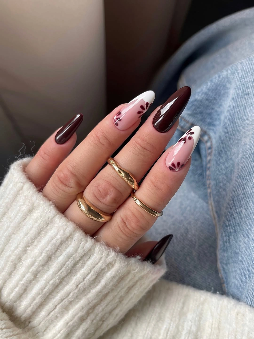chic fall nail trends 2026 Espresso French With Delicate Floral Details