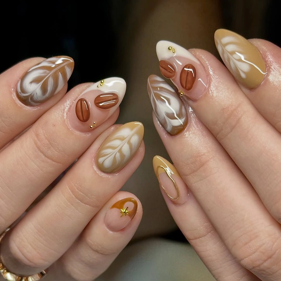 chic fall nails for fair skin tone Warm Mocha And Olive Almond Nails
