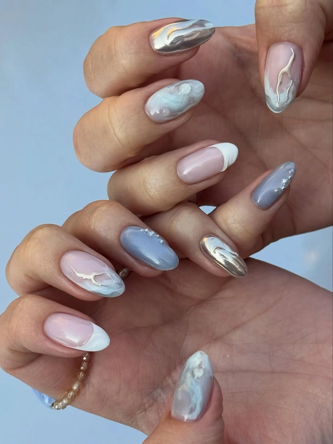 chic fall nails for fair skin tone soft blue chrome manicure