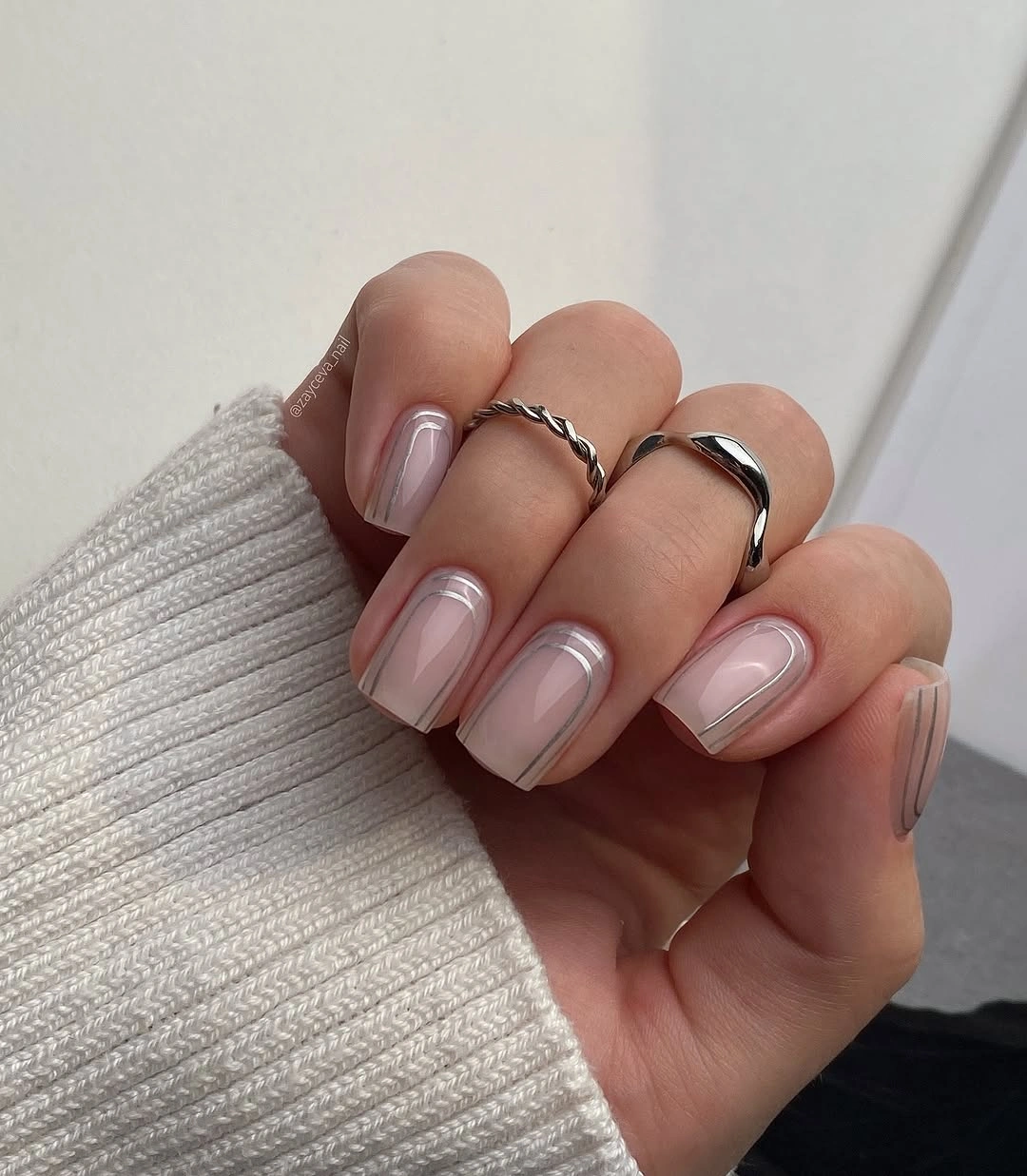 chic fall nails for fair skin tone Sheer Pink With Silver Micro French Details