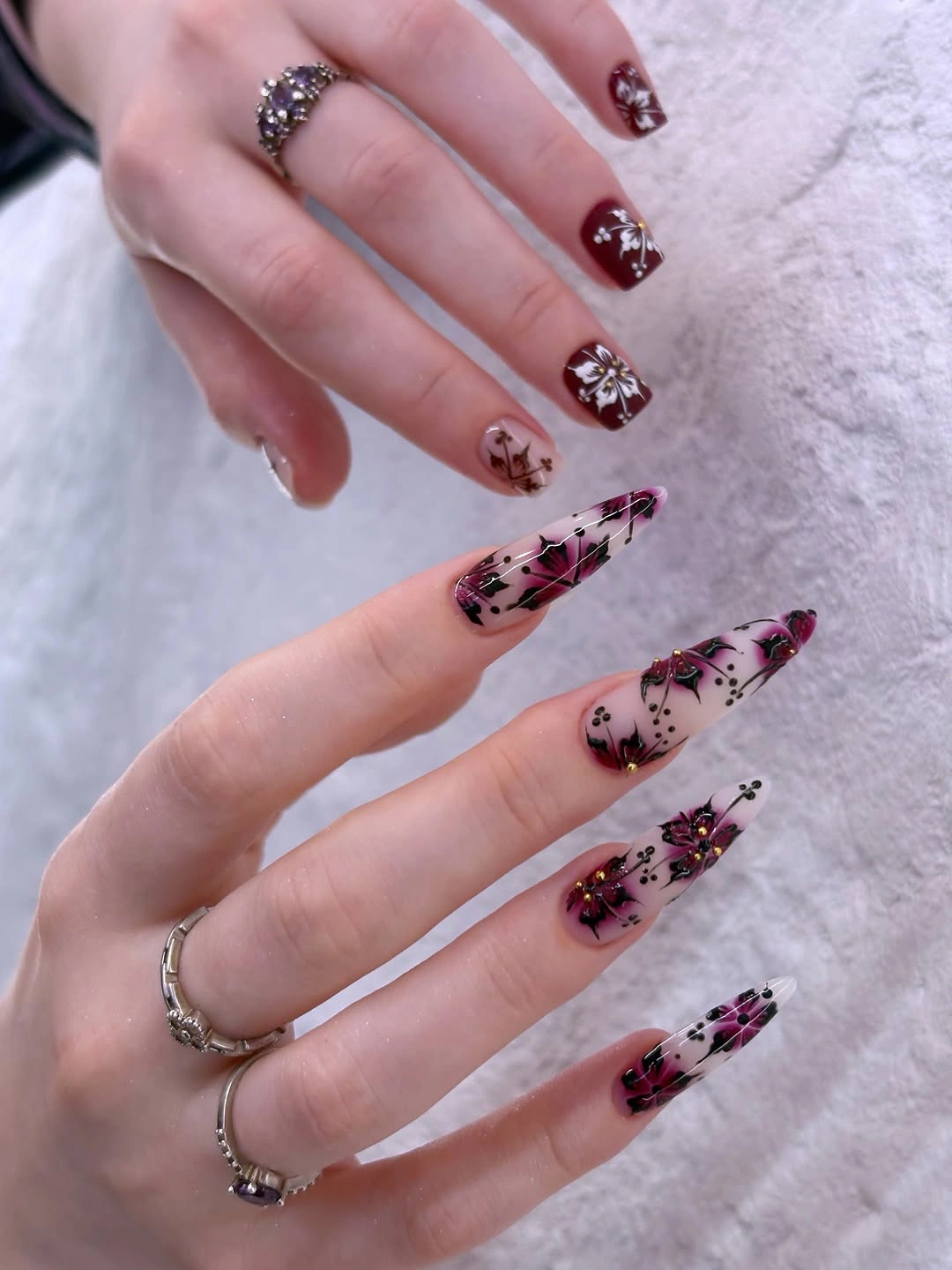 chic fall nails for fair skin tone Burgundy Floral Stiletto Nail Art