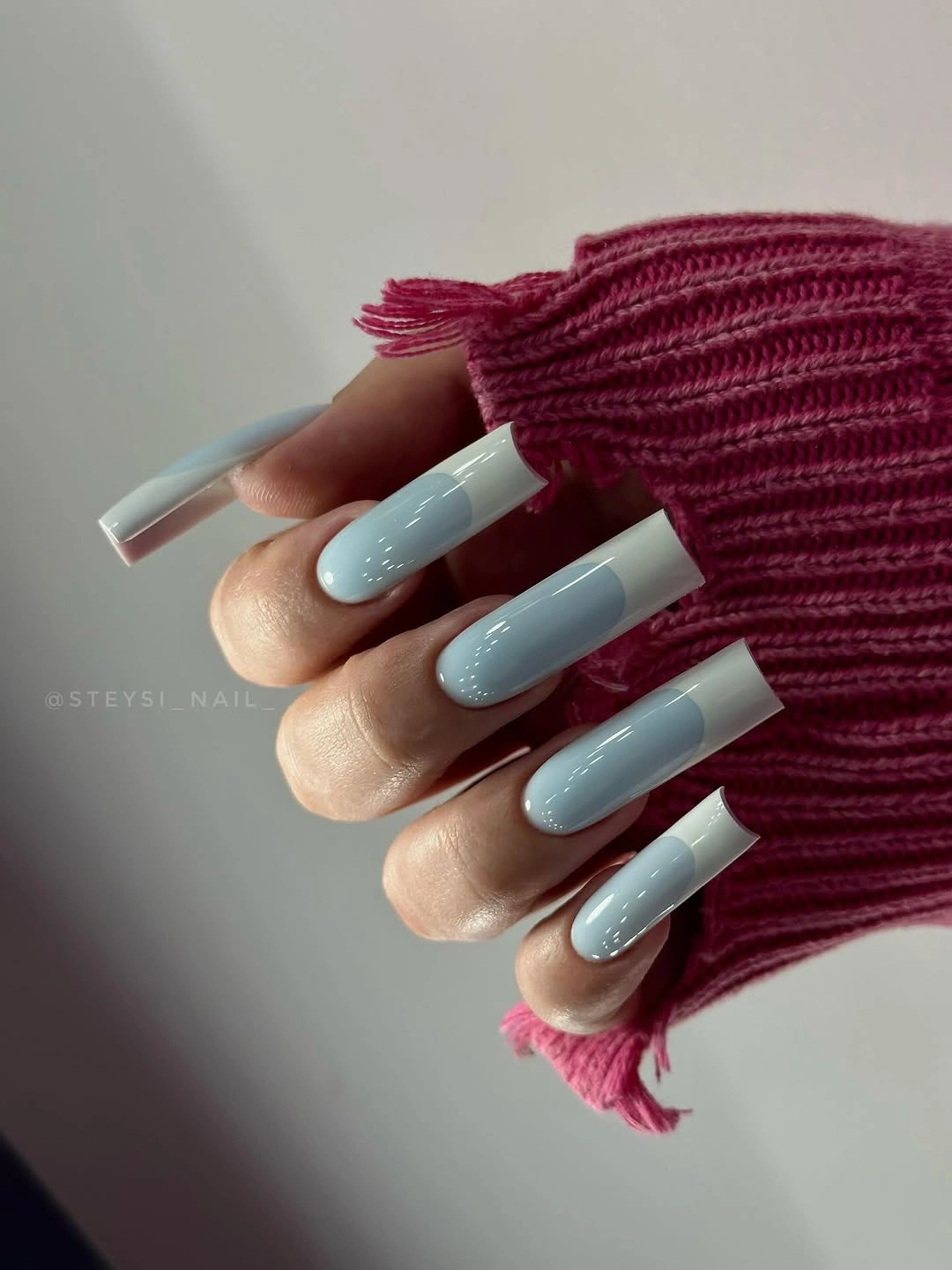 chic fall nails for fair skin tone Powder Blue And White French Tips