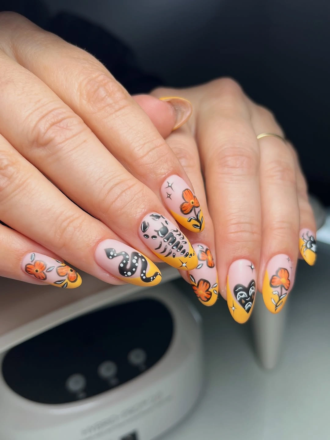 chic fall nails for medium skin tone Mustard Floral Tattoo Nails