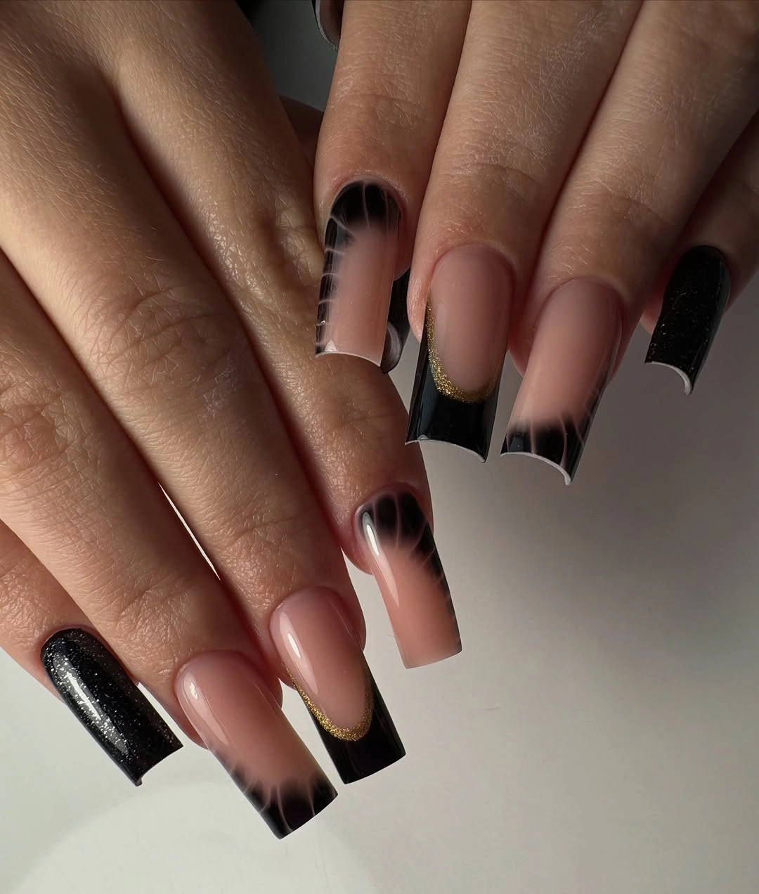 chic fall nails for medium skin tone Smoky Black French With Gold Detail