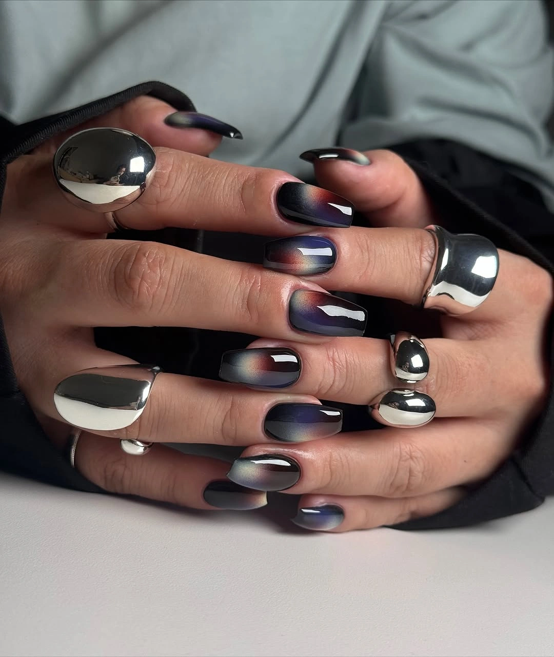 chic fall nails for medium skin tone Moody Multicolor Cat Eye Nails