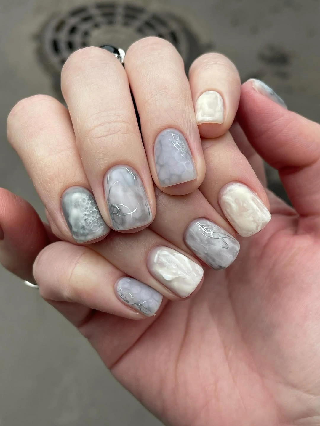 chic nude fall nails 2026 Cloudy Gray And White Neutral Nails