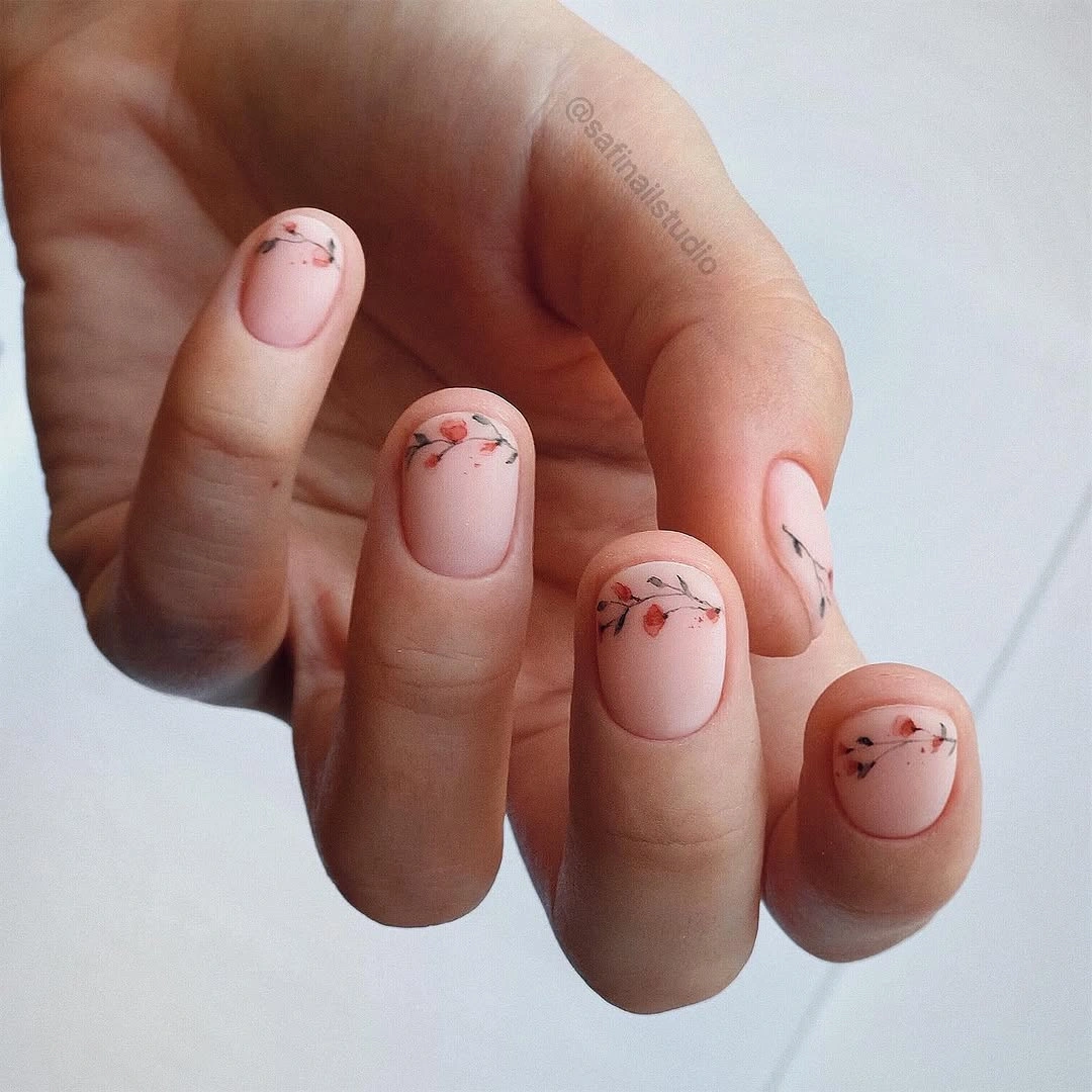 chic nude fall nails 2026 Blush Nude With Tiny Berry Branches
