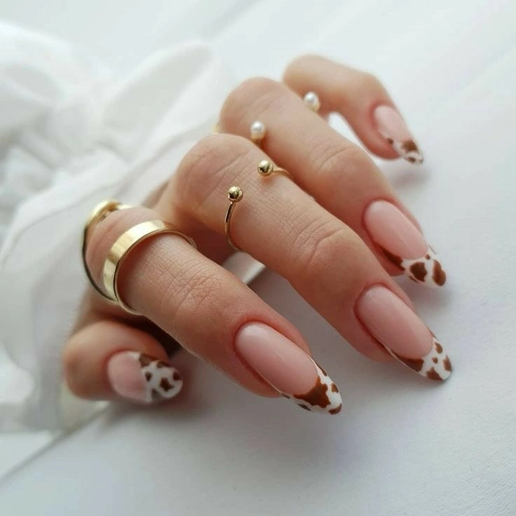 chic nude fall nails 2026 Pink Almond Nails With Cow Print Tips
