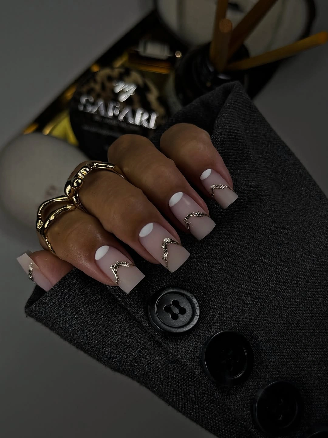 chic nude fall nails 2026 Elegant Nude With Silver Glitter Curves