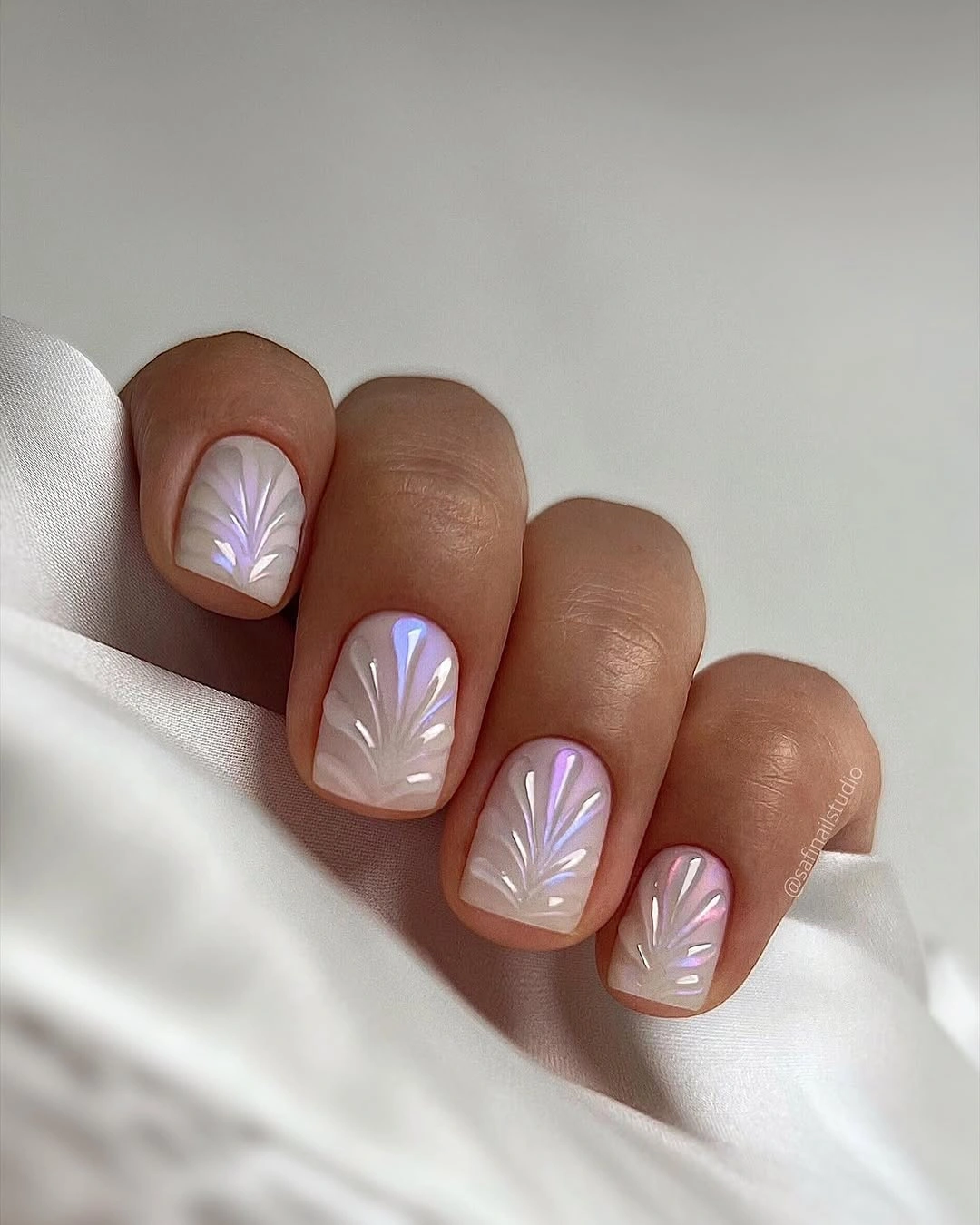 chic nude fall nails 2026 Milky Nude With Pearly Shell Details
