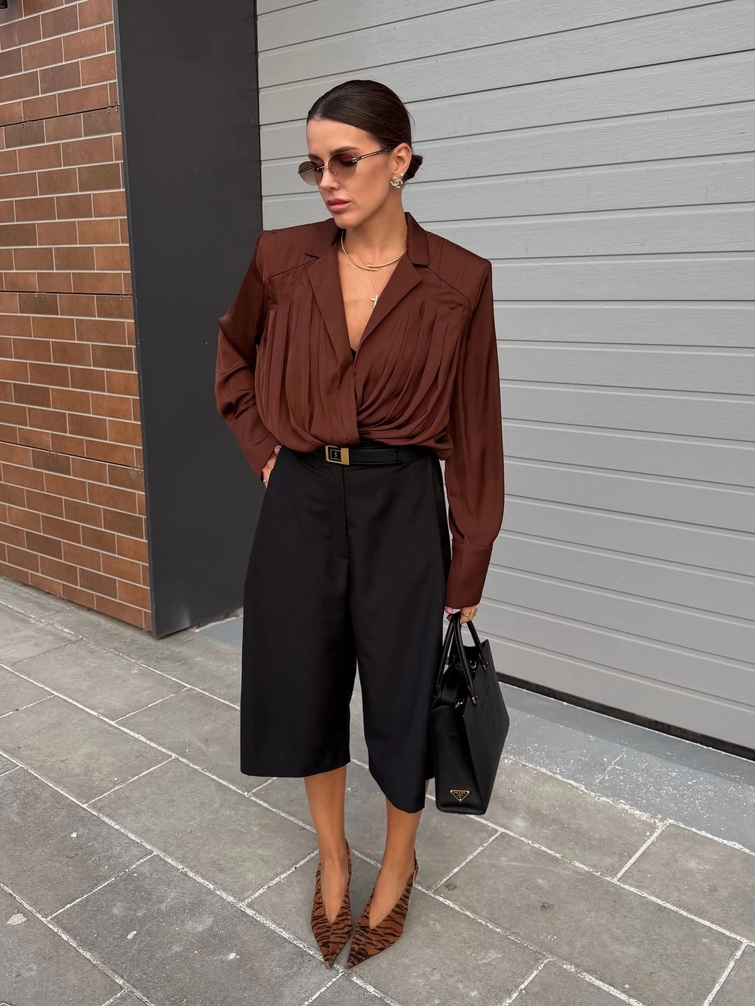 chic october fashion trends 2026 Chocolate Draping With Tailored Shorts