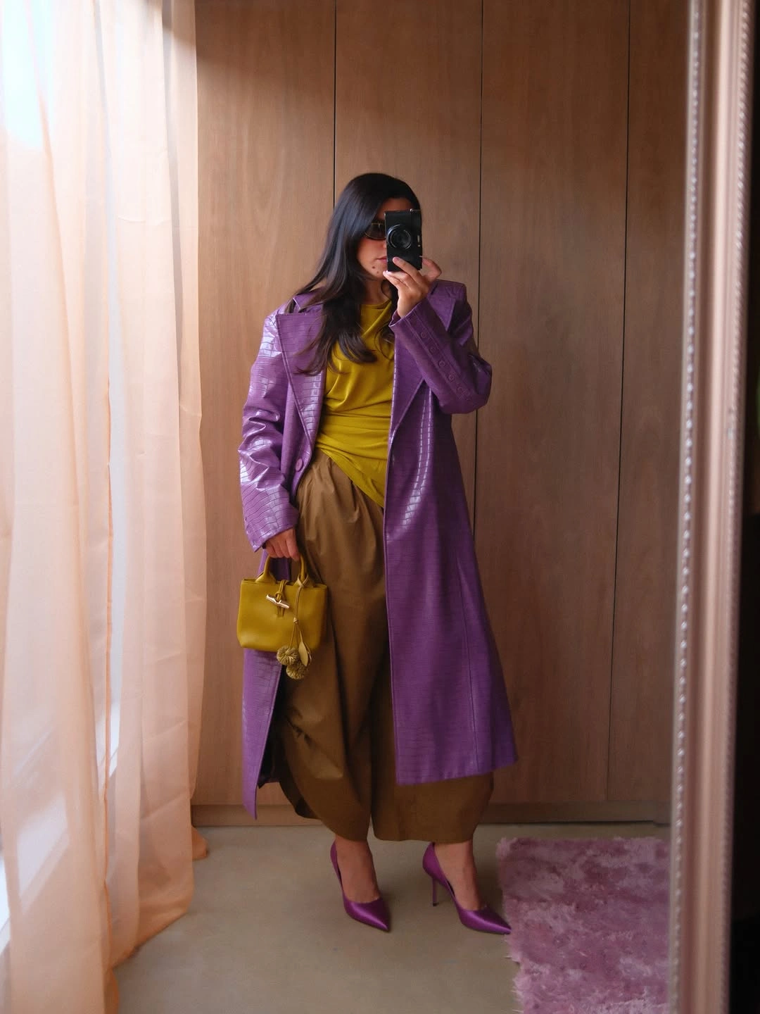 chic october fashion trends 2026 Purple Leather and Mustard Color Play