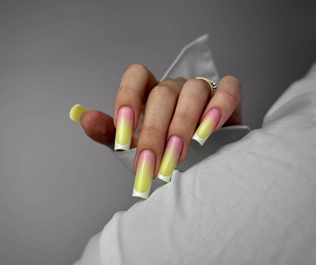 chic october nails design 2026 Pink and Lemon Yellow French Nails