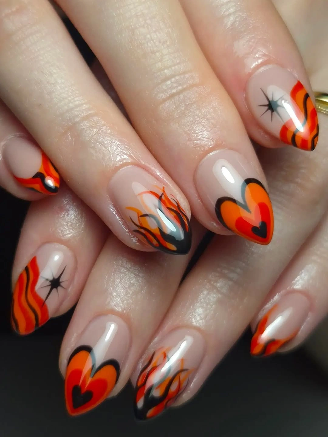 chic october nails design 2026 Retro Orange Heart Nails for Halloween Season