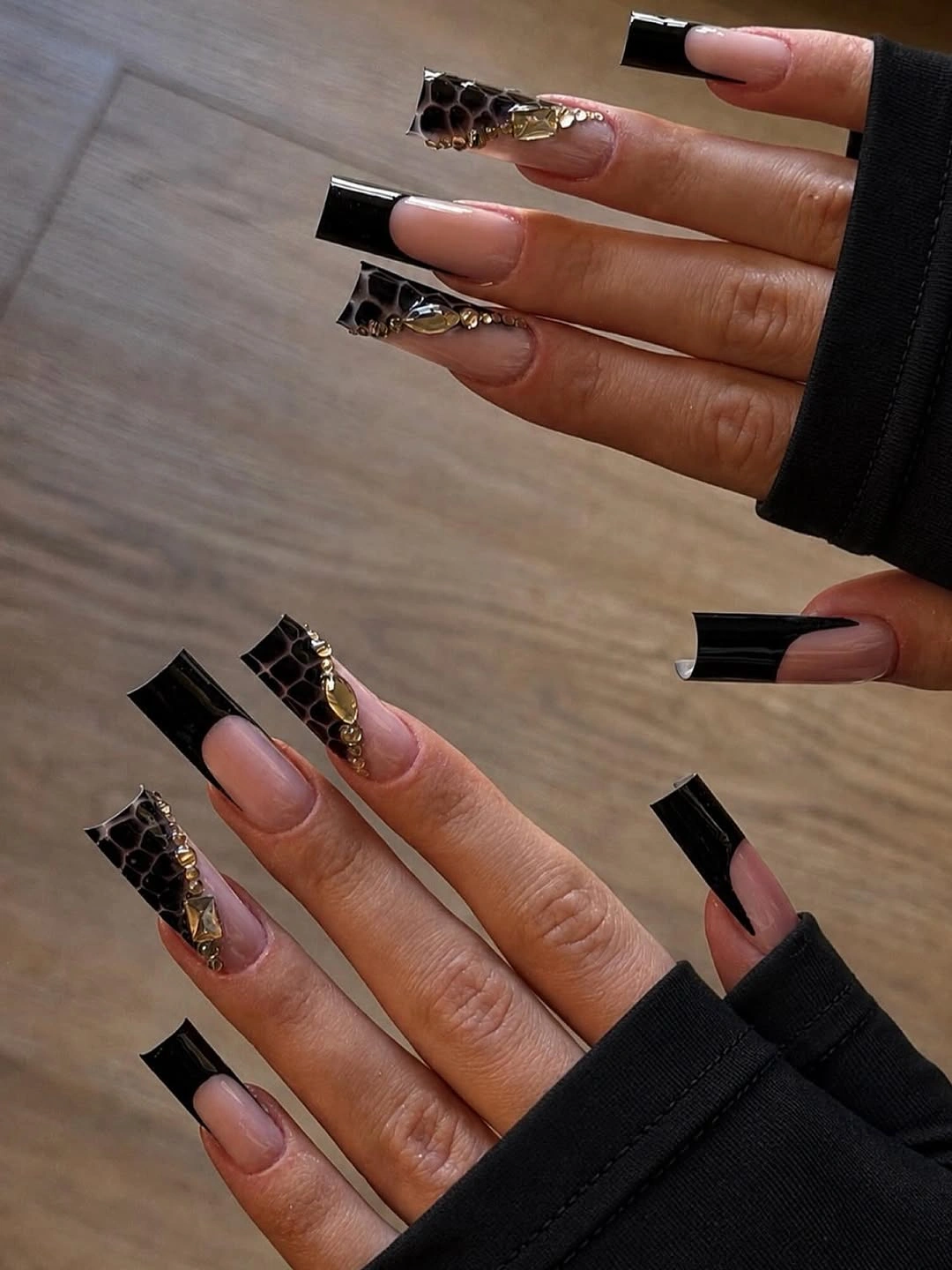 chic october nails design 2026 Black Crocodile French Nails With Gold Details