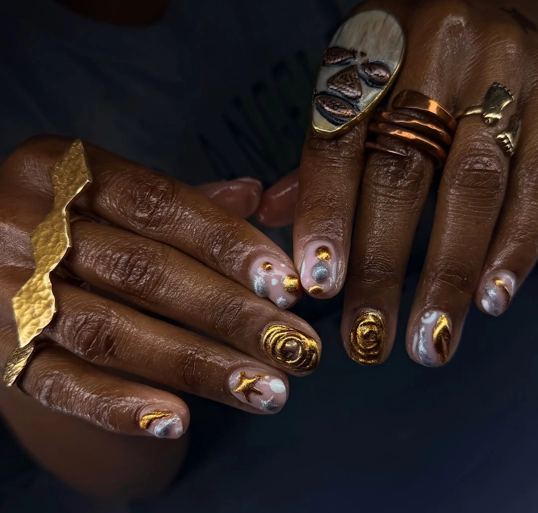 chic october nails design 2026 Short Nude Nails With Gold and Silver Abstract Art