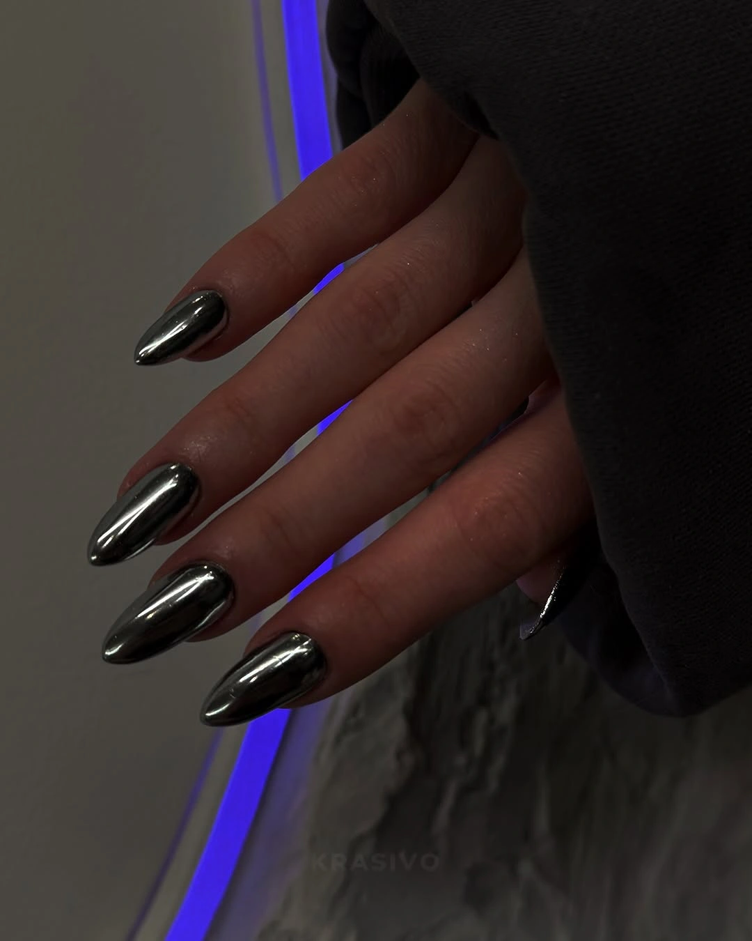 chic october nails design 2026 Chrome Black Almond Nails With a Mirror Finish