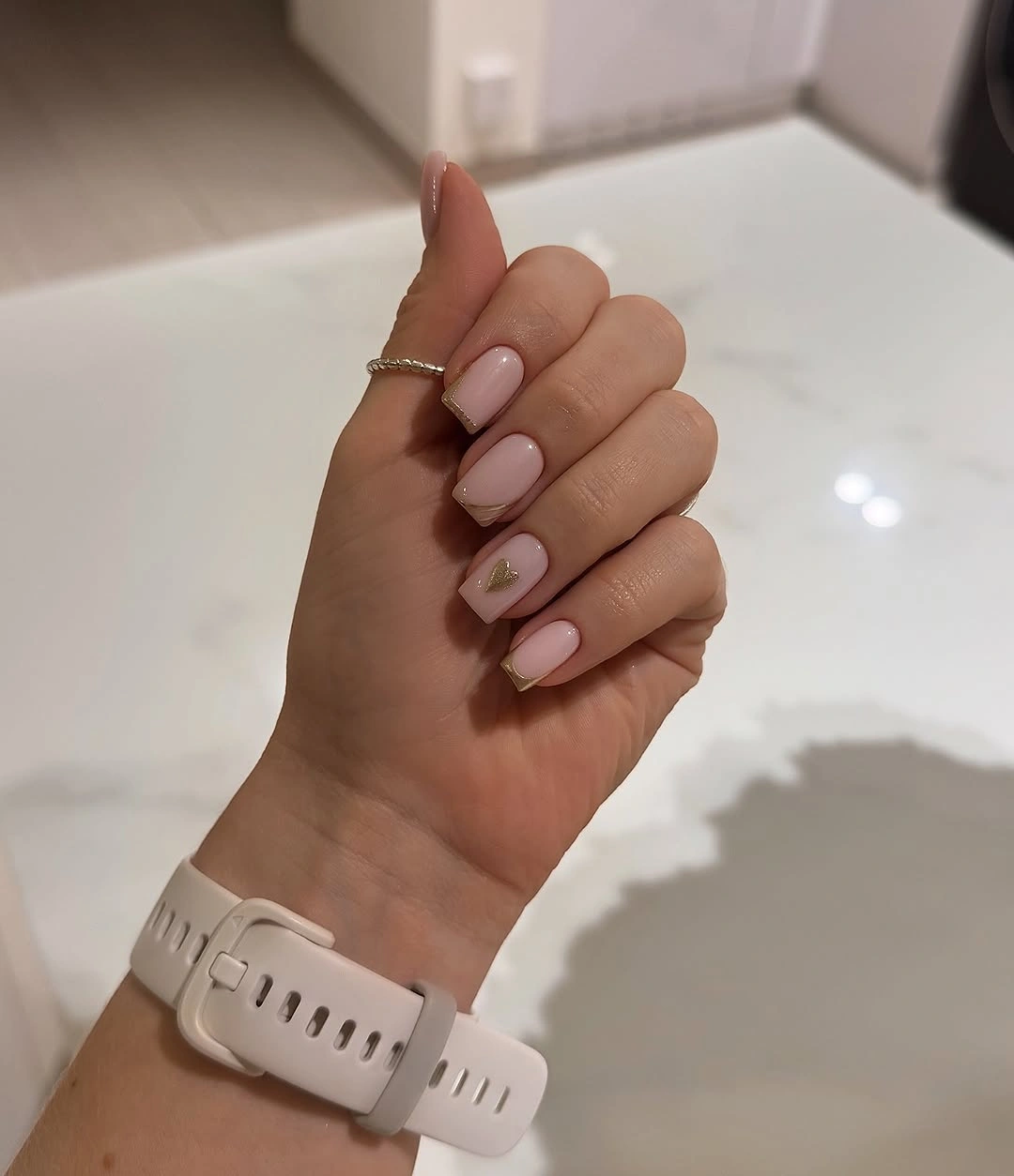 chic october nails design 2026 Soft Pink Nails With Delicate Gold Edges