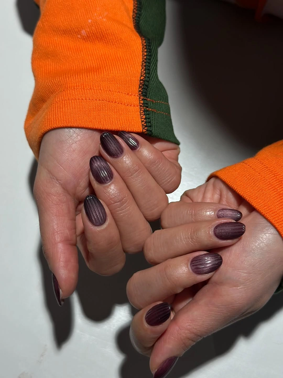 chic october nails design 2026 Plum Ribbed Nails for a Cozy Fall Short Manicure
