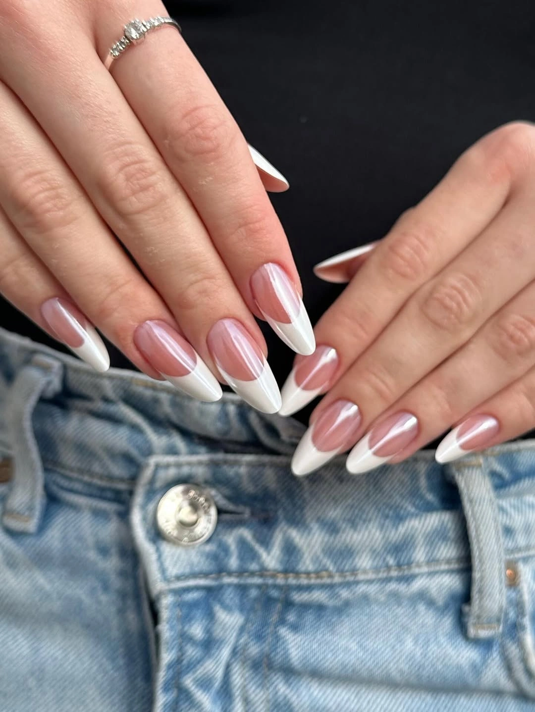 chic october nails design 2026 Classic Pink and White Almond French Tips