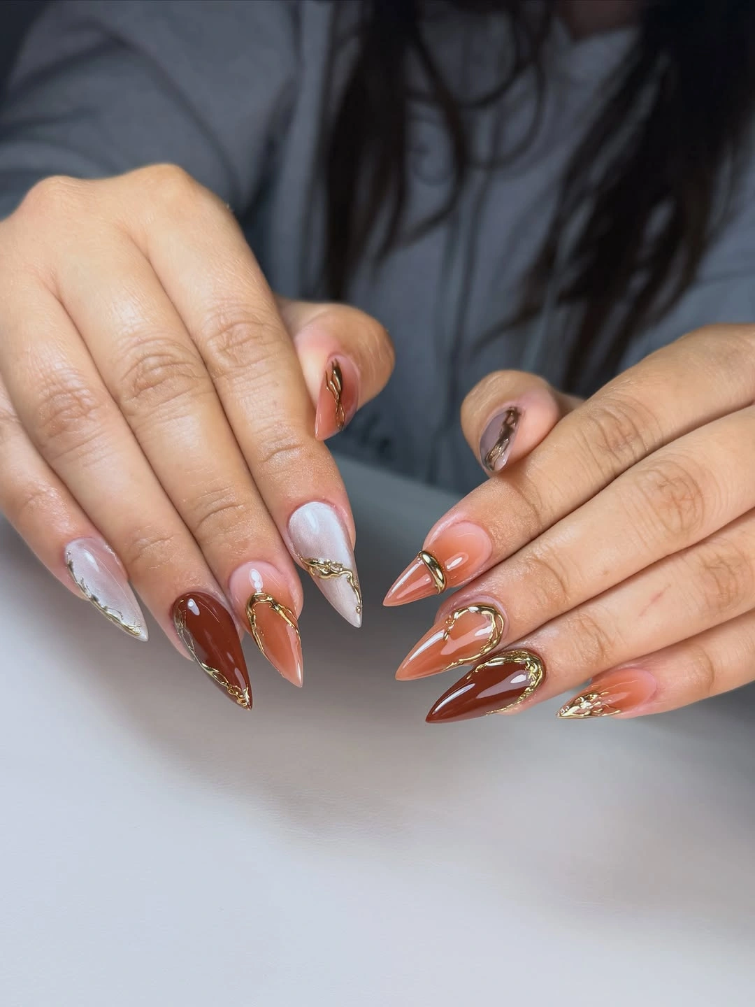 chic october nails design 2026 Caramel Brown Almond Nails With Gold Accents