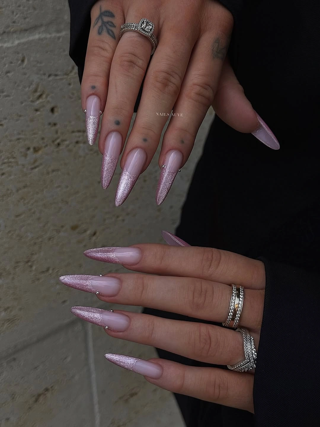 chic october nails design 2026 Soft Pink Stiletto Nails With Sparkling Tips