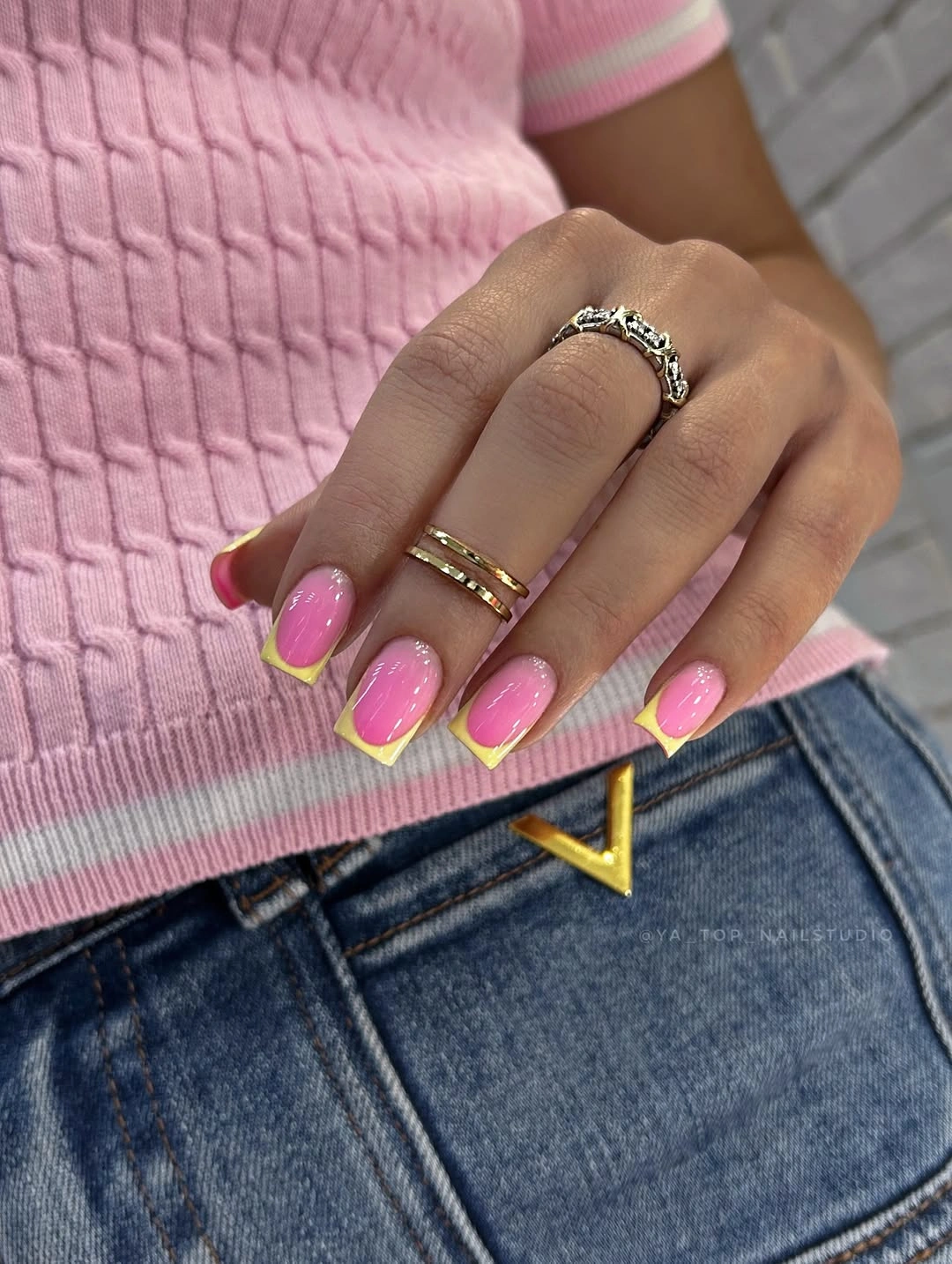 classy fall nail designs for office 2026 Pink French Tips With Butter Yellow Edges