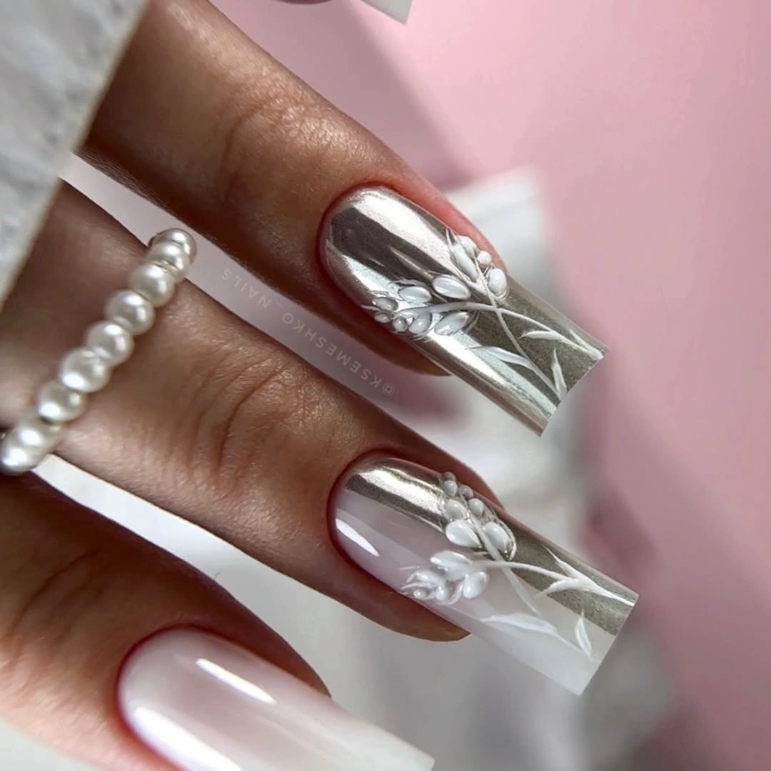 classy fall nail designs for office 2026 Chrome Botanical Nails With Elegant Texture