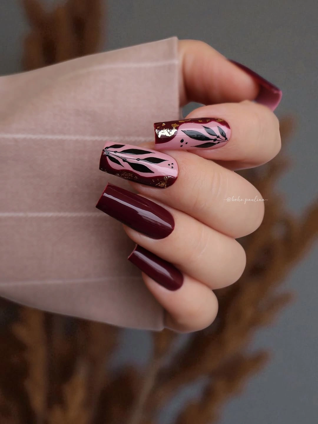 creative fall manicure ideas 2026 Elegant Burgundy Floral Accent Nails