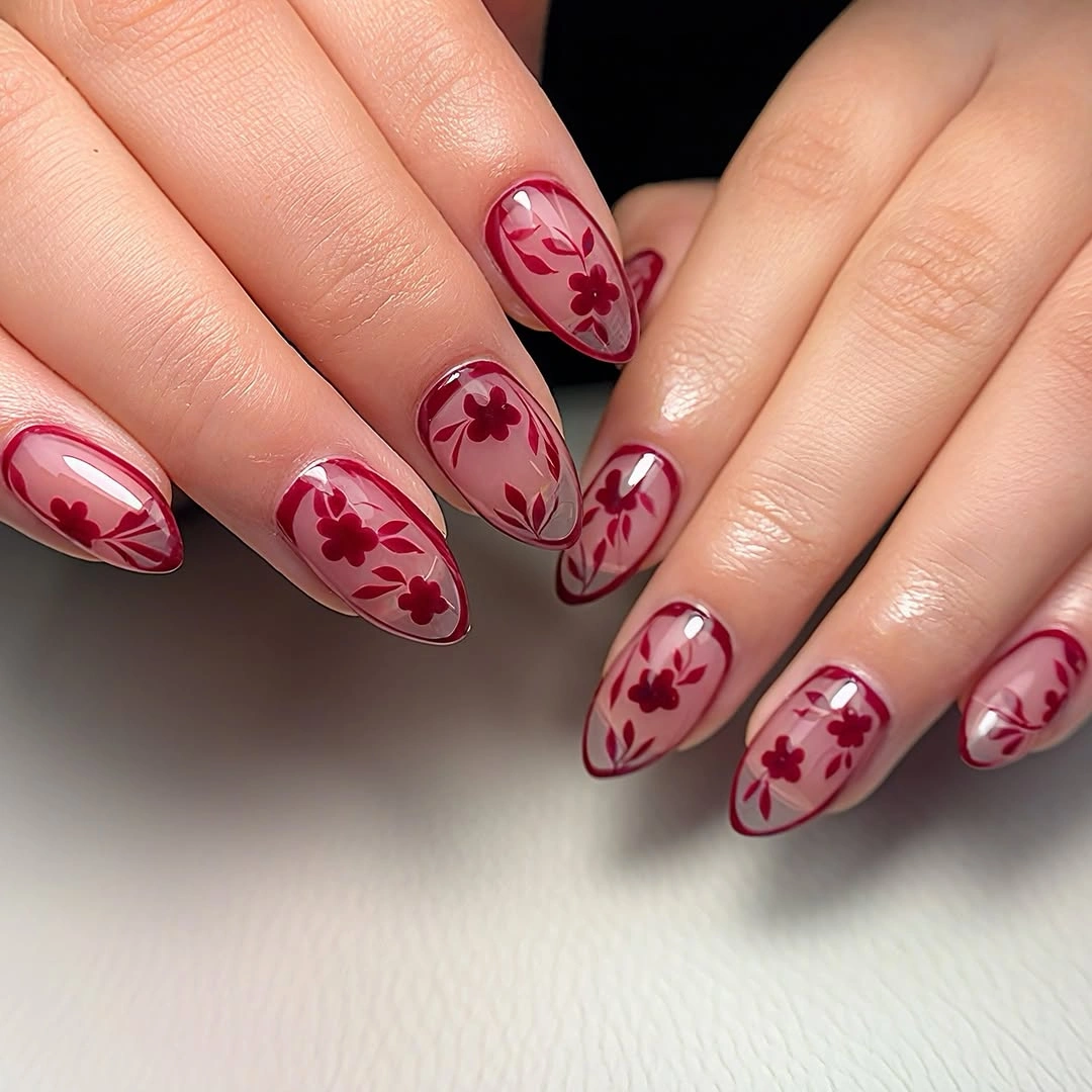 creative fall manicure ideas 2026 Burgundy Floral Almond Nails