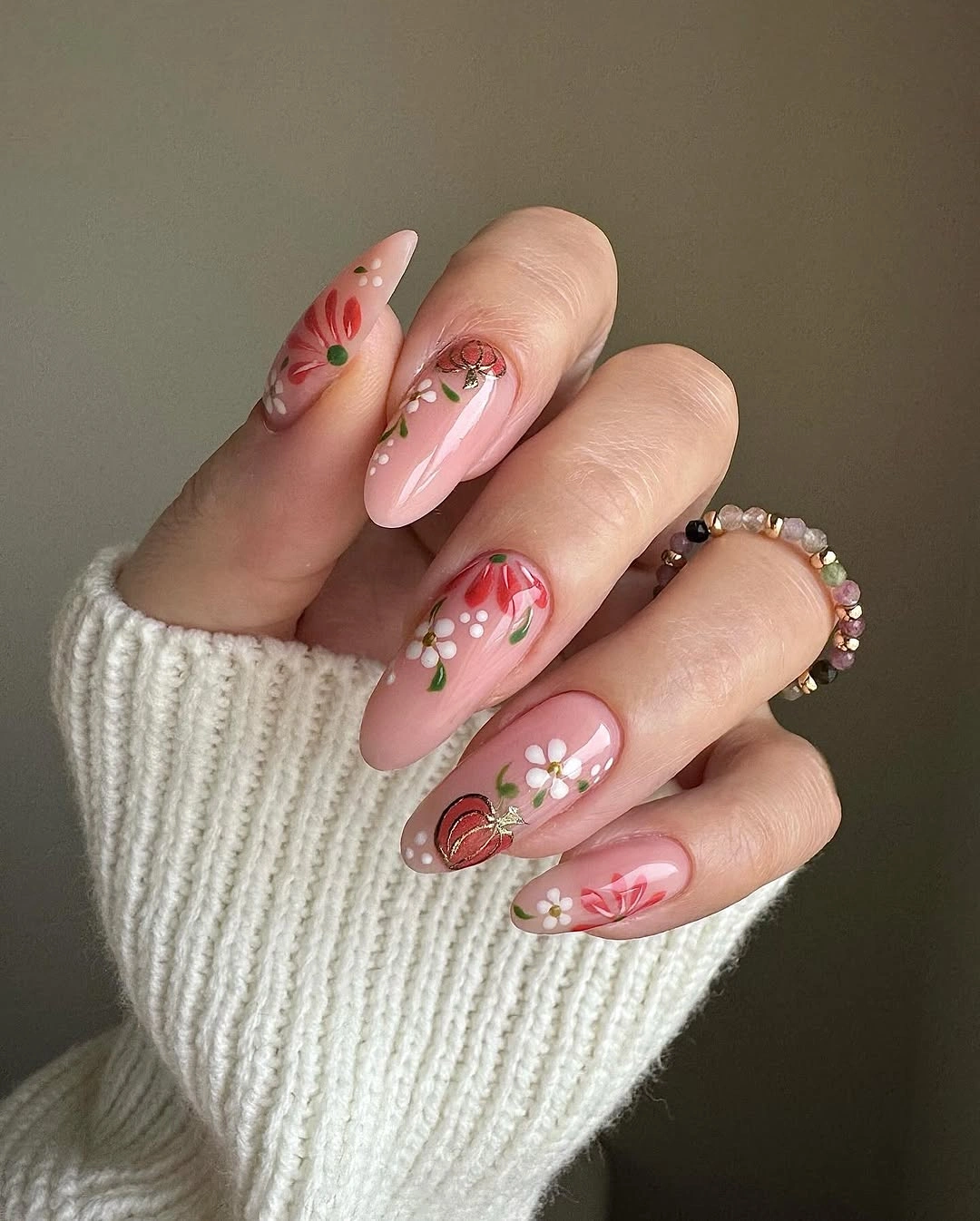 creative fall manicure ideas 2026 Soft Floral Pumpkin Nails