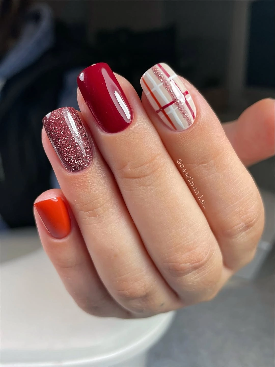 creative fall manicure ideas 2026 Plaid Accents With Rich Berry Shades