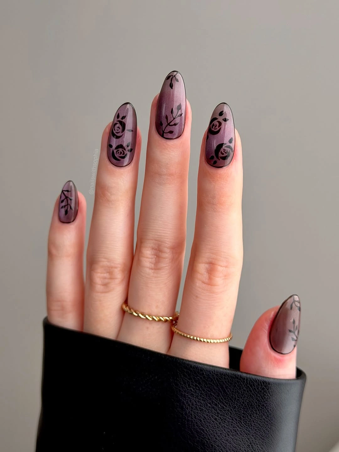 creative fall nail art ideas 2026 smoky mauve black rose almond nails
