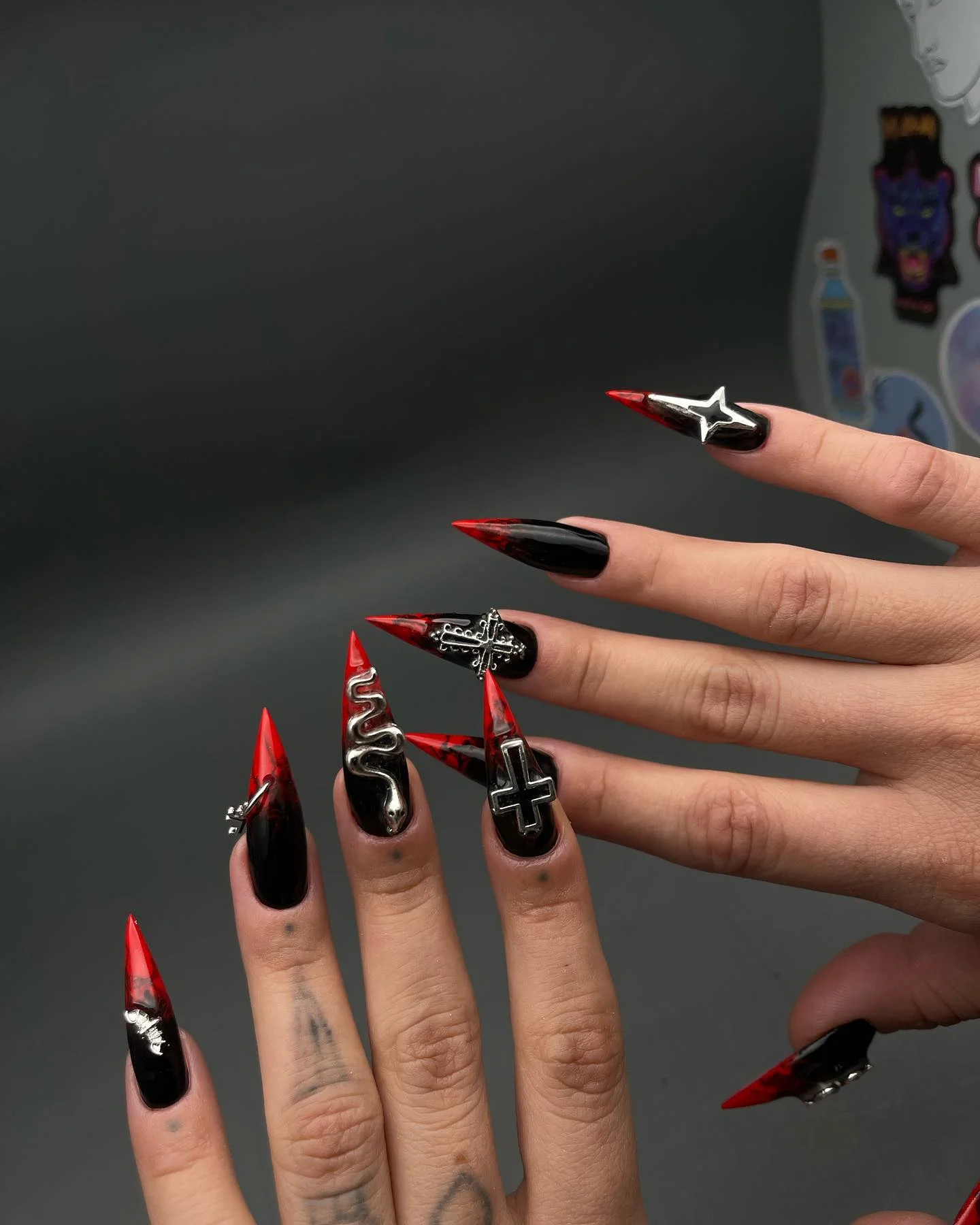 creative fall nail art ideas 2026 black red gothic stiletto nails