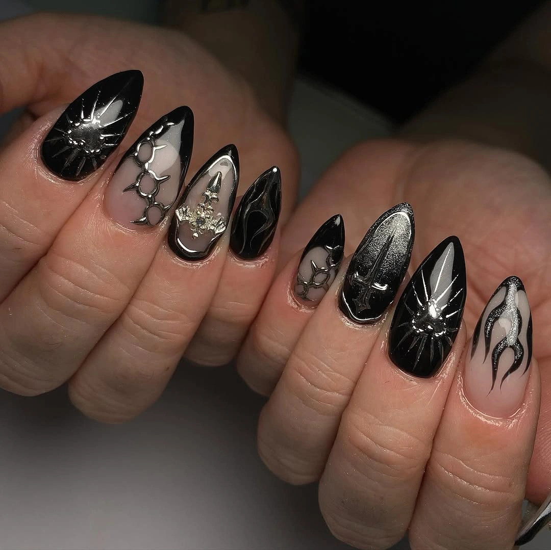 creative fall nail art ideas 2026 Silver Gothic Black Almond Nails