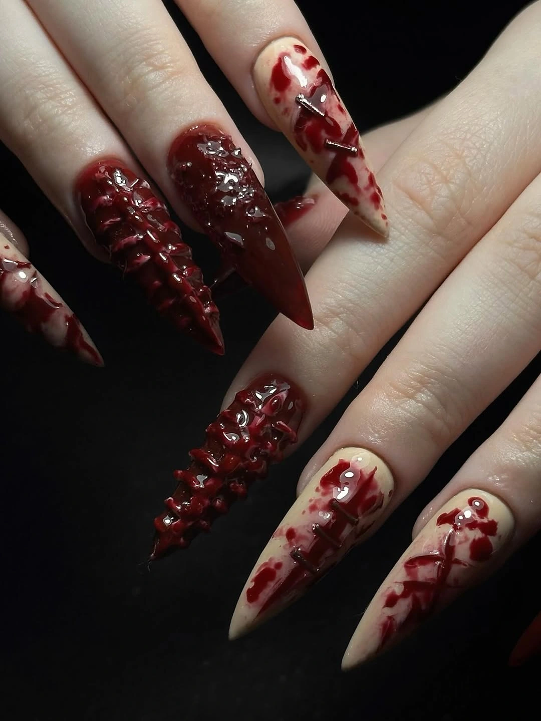 creative fall nail art ideas 2026 Blood Red Horror Stiletto Nails