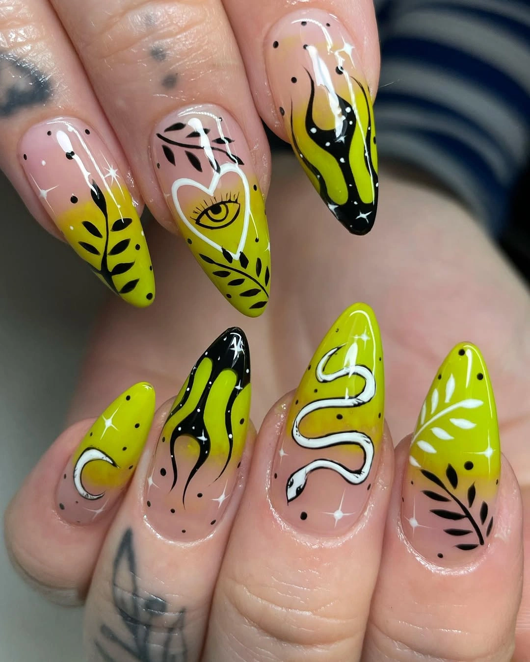 creative fall nail art ideas 2026 Acid Green Mystical Almond Nails