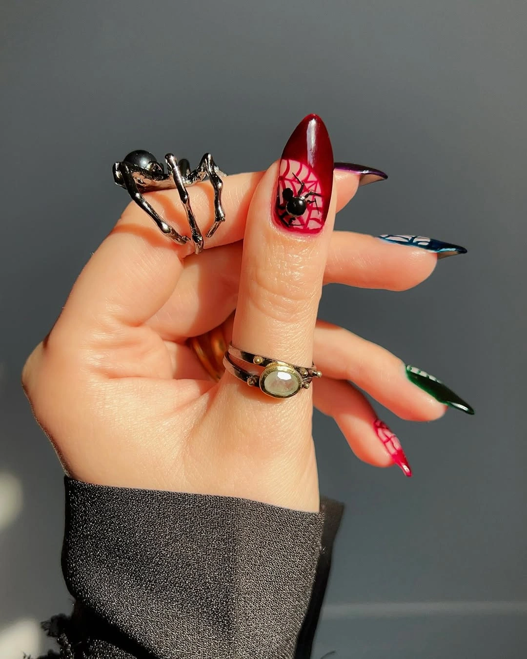 creative fall nail art ideas 2026 Crimson Spiderweb Almond Nails