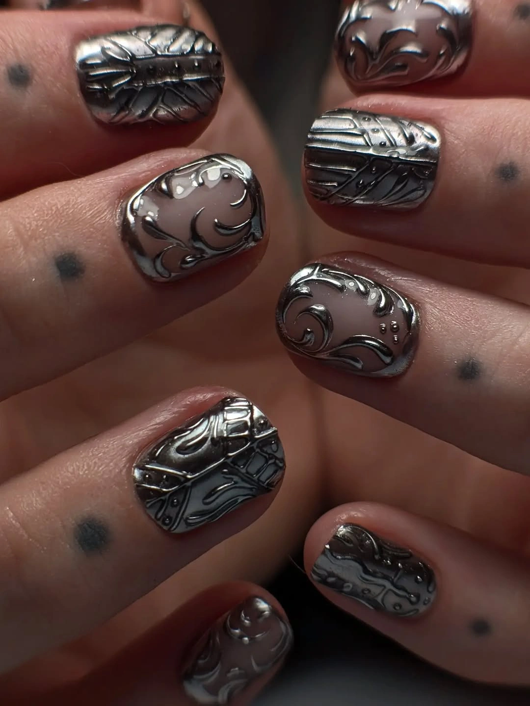 creative fall nail art ideas 2026 silver sculptural short nails