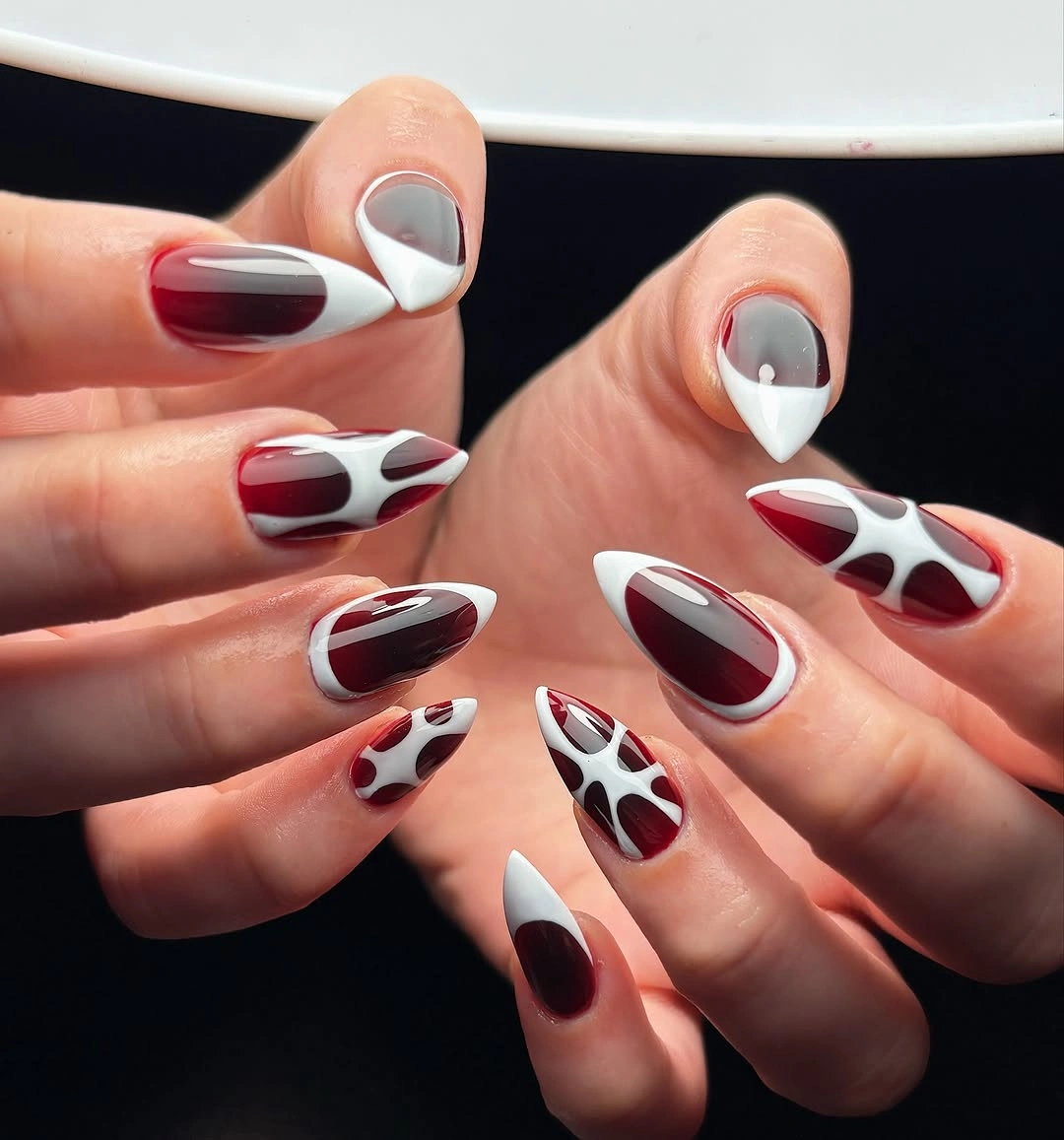 creative fall nail art ideas 2026 red and white almond nails