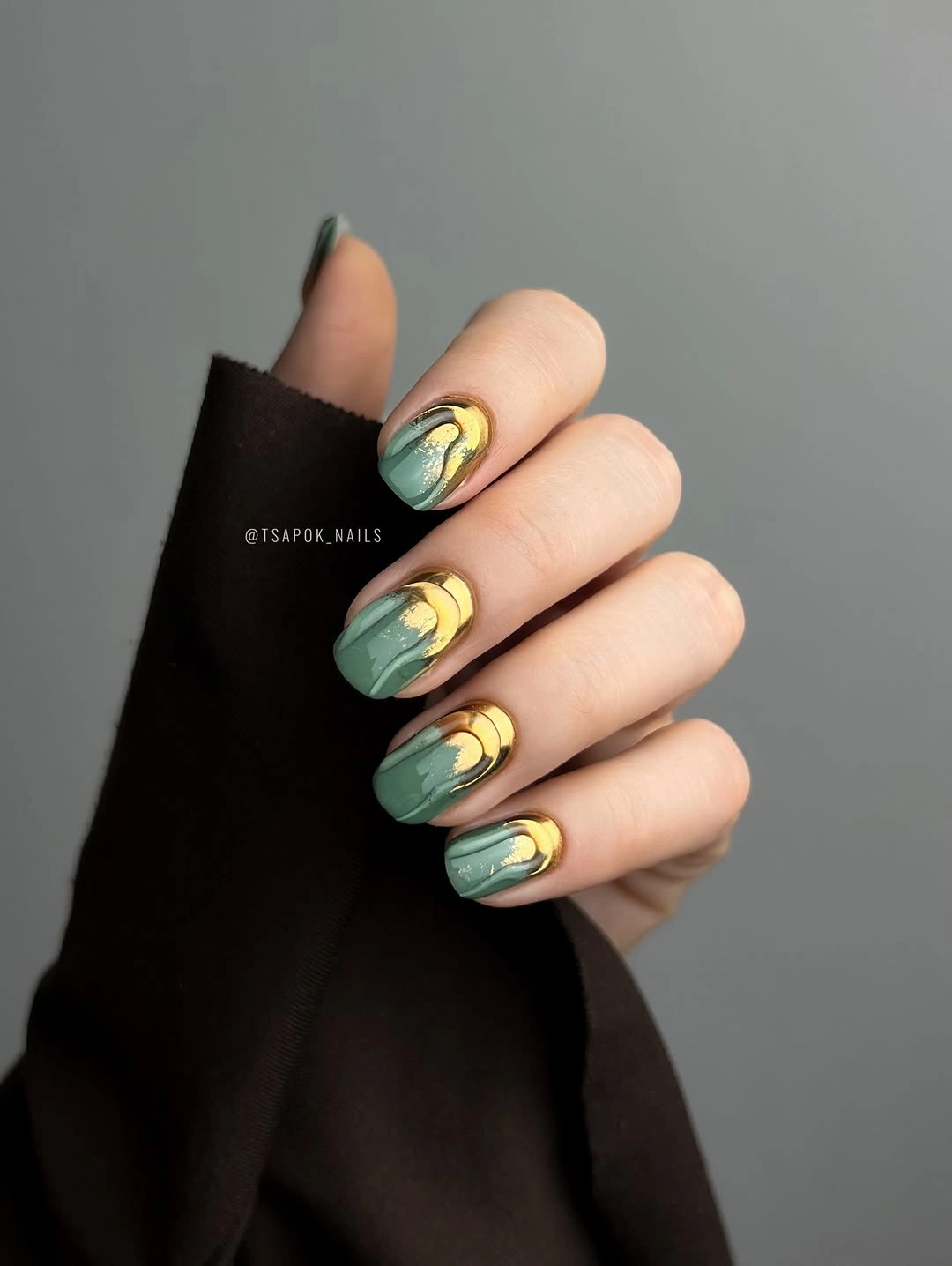 creative fall nail inspiration 2026 Sage Green and Liquid Gold for an Unexpected Fall Palette