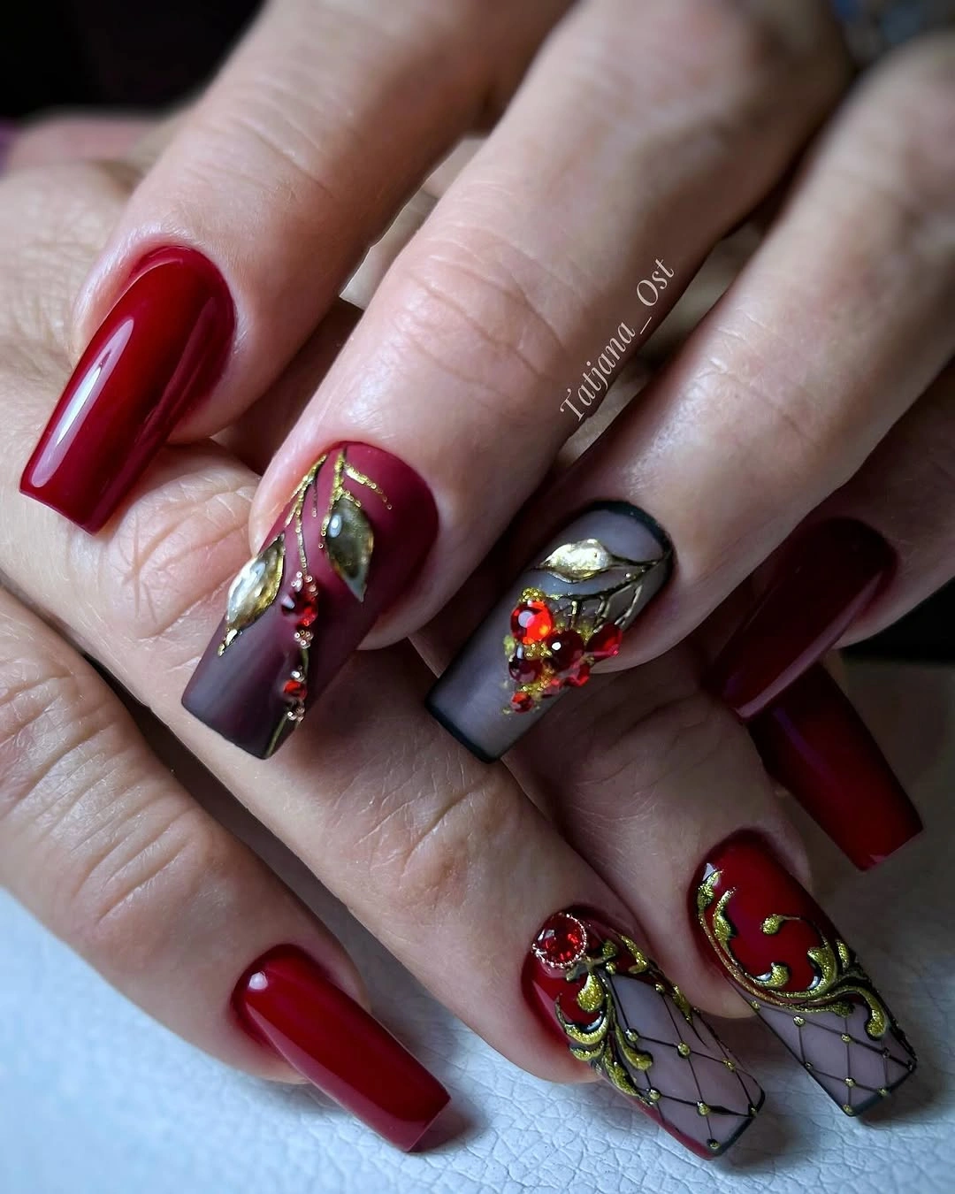 creative fall nail inspiration 2026 Luxury Ruby Nails With Golden Details