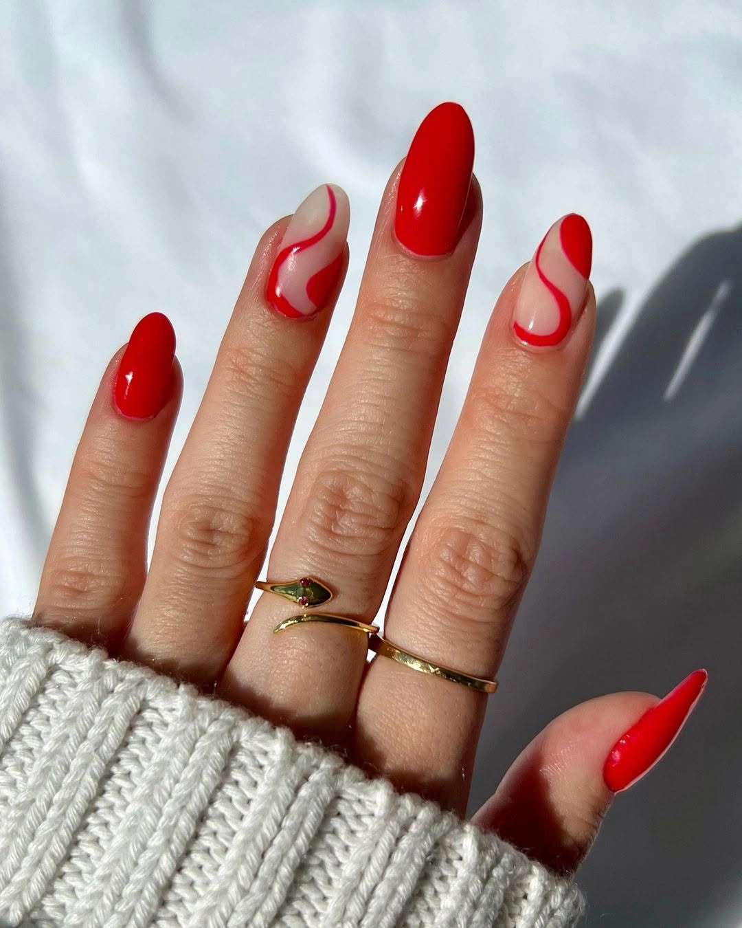 creative fall nails with accent nail Cherry Red Swirls With a Glossy Accent