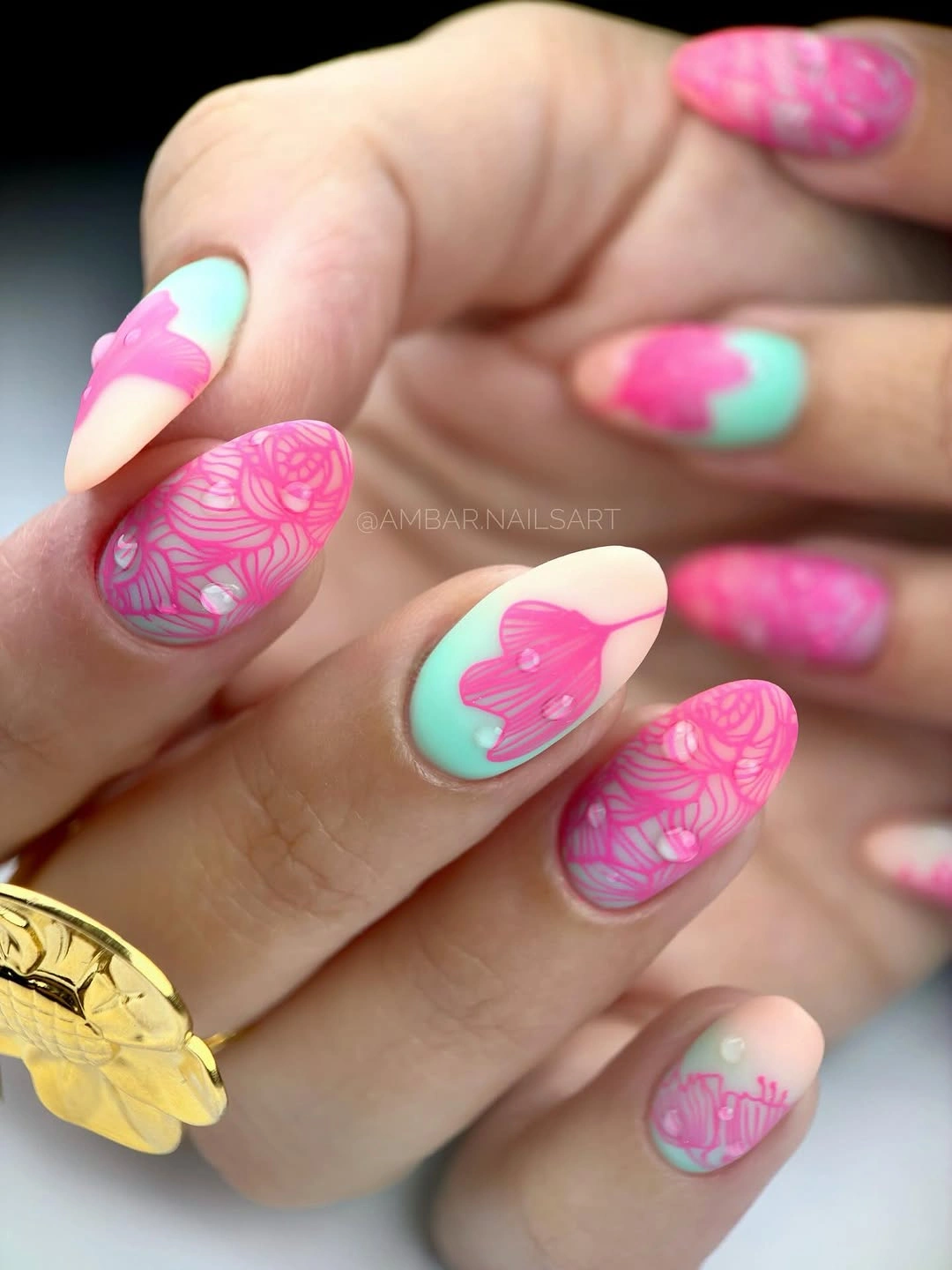 creative fall nails with accent nail Mint and Pink Nails With a Whimsical Accent