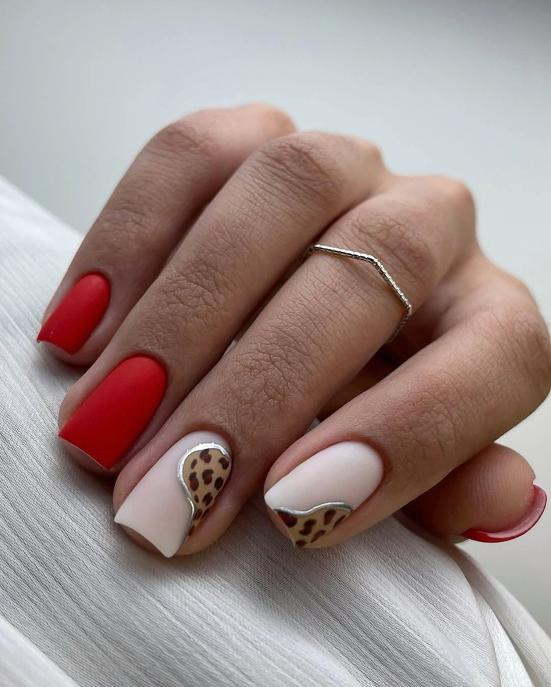 creative fall nails with accent nail Red and Leopard Details With a Clean Contrast